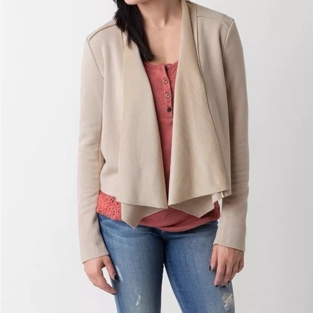 Beige Open Front Draped Jacket Flyaway Cardigan RED BY BKE Sz XS